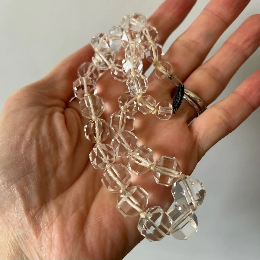 Vintage Art Deco Faceted Rock Crystal Necklace Sterling Clasp